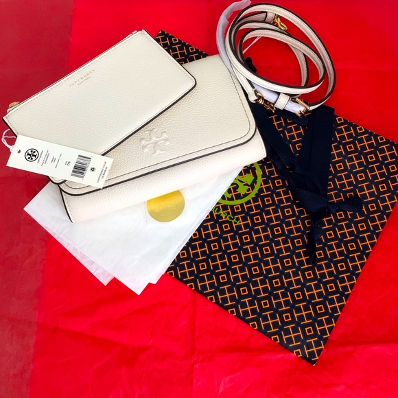 Tory Burch Thea Flat Crossbody and Zip Card Wallet Leather Ivory New In Package - Picture 3 of 16